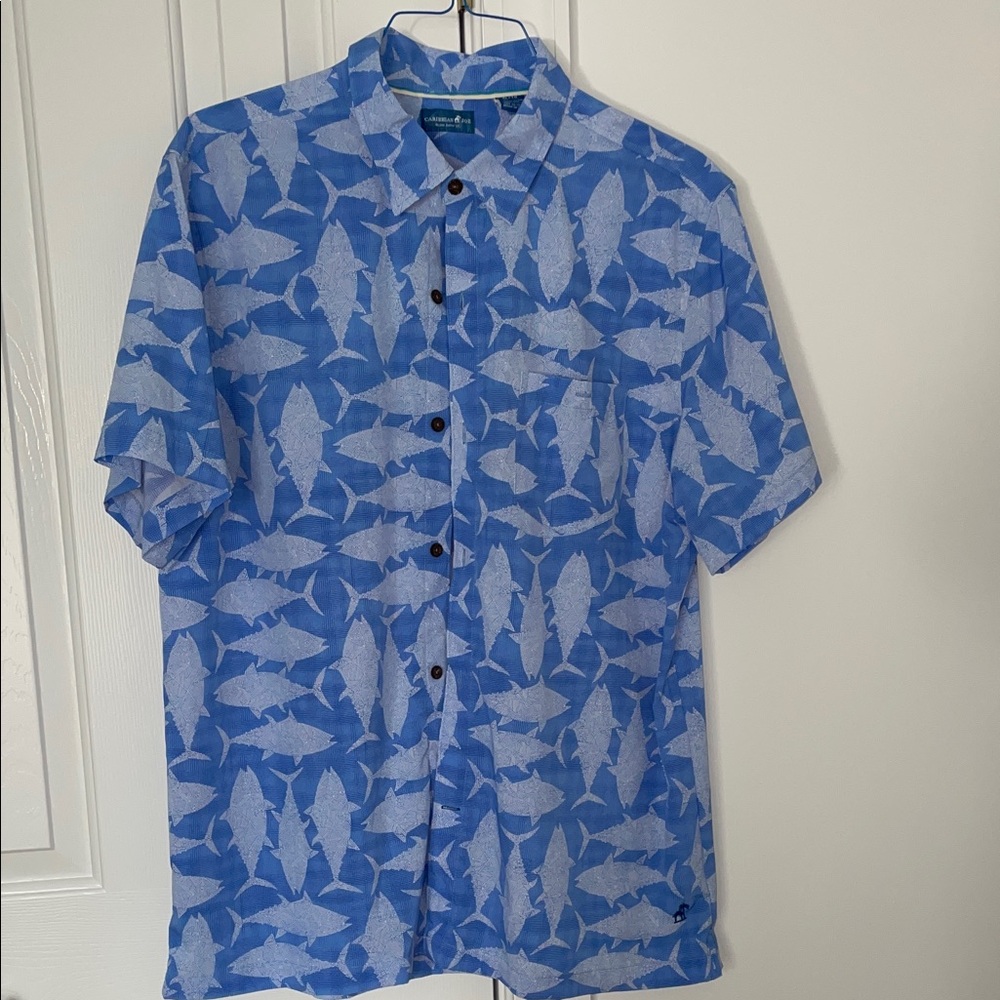 Caribbean Joe Blue Fish-Print Short-Sleeve Button-Down Shirt